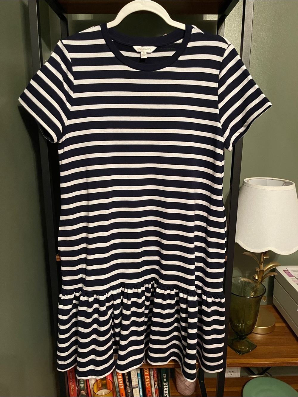 crown & ivy Navy and White Striped Short Sleeve Drop-Waist Dress size medium